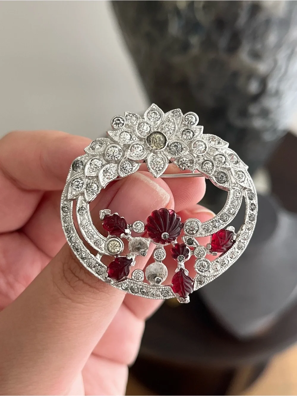Vintage Tutti Frutti Style Melon Red Glass Bead Rhinestone Silver Flower Brooch